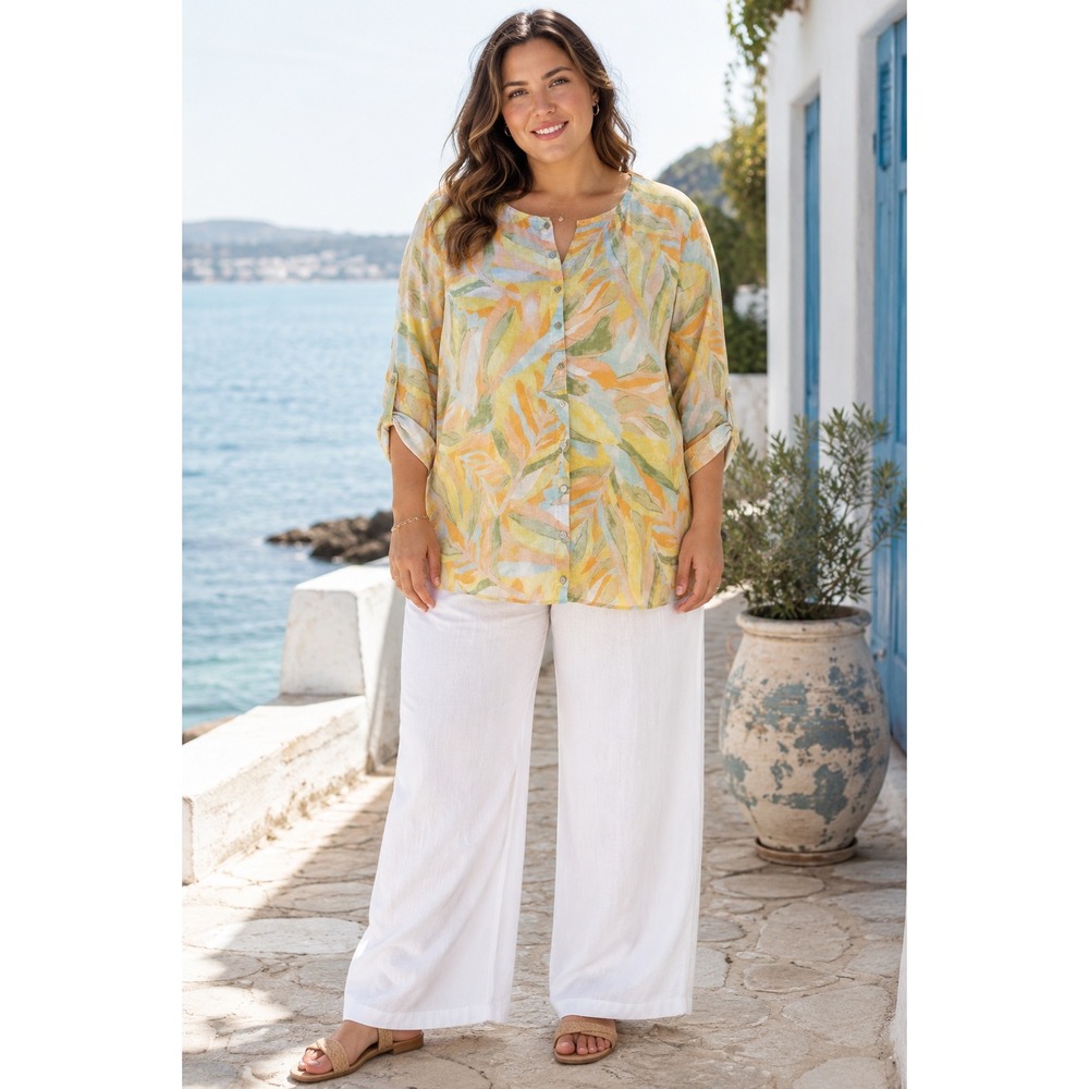 Rachel Zoe 100% Linen Abstract Tropical Button Down Top 2X Boho Coastal Boho